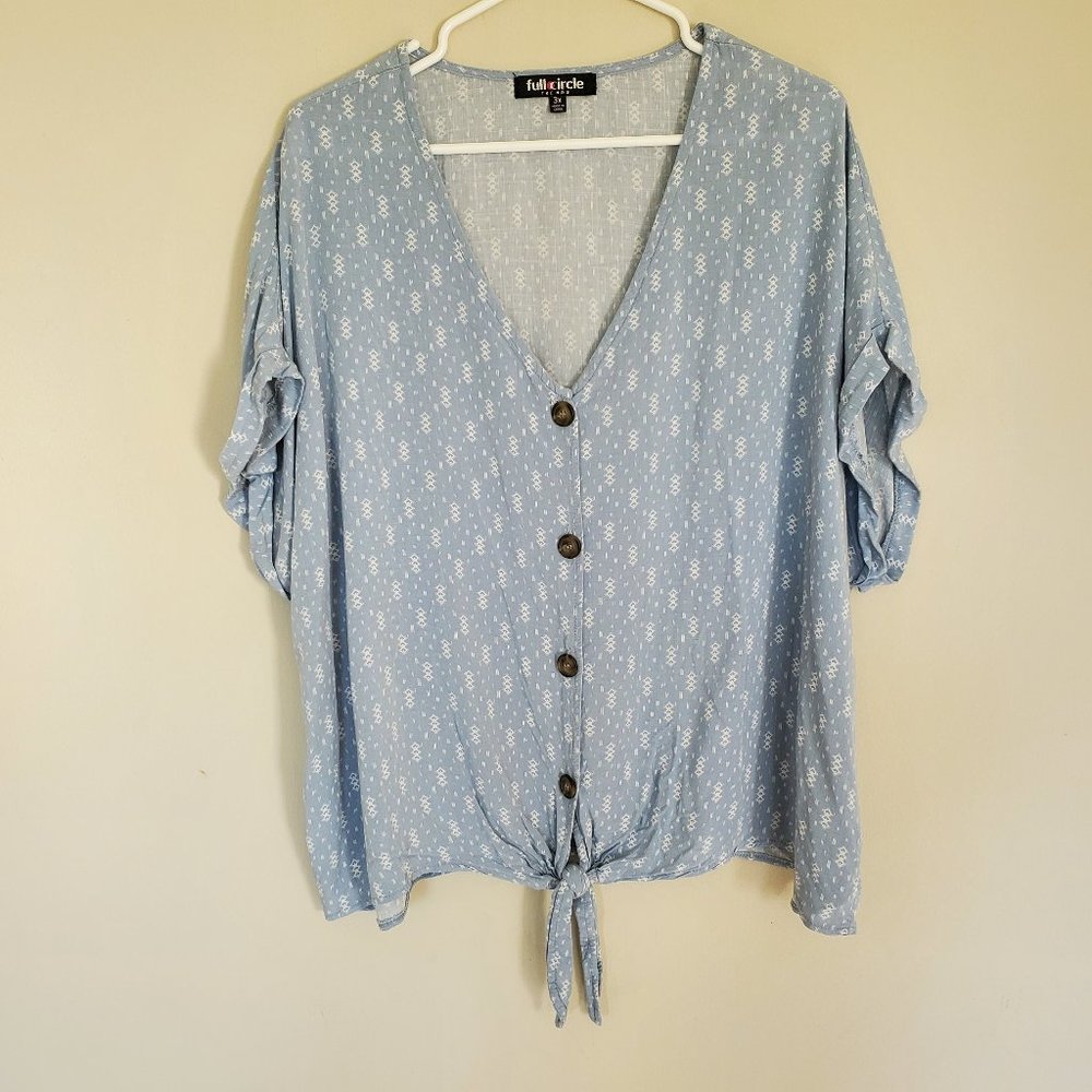 Full Circle blue aztec print tie knot blouse 3X